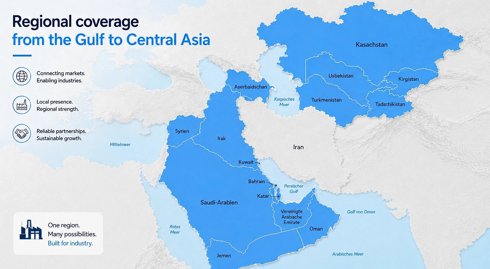 Regional coverage map from the Gulf to Central Asia — ITS authorized markets including UAE, Saudi Arabia, Kazakhstan and 11 further countries
